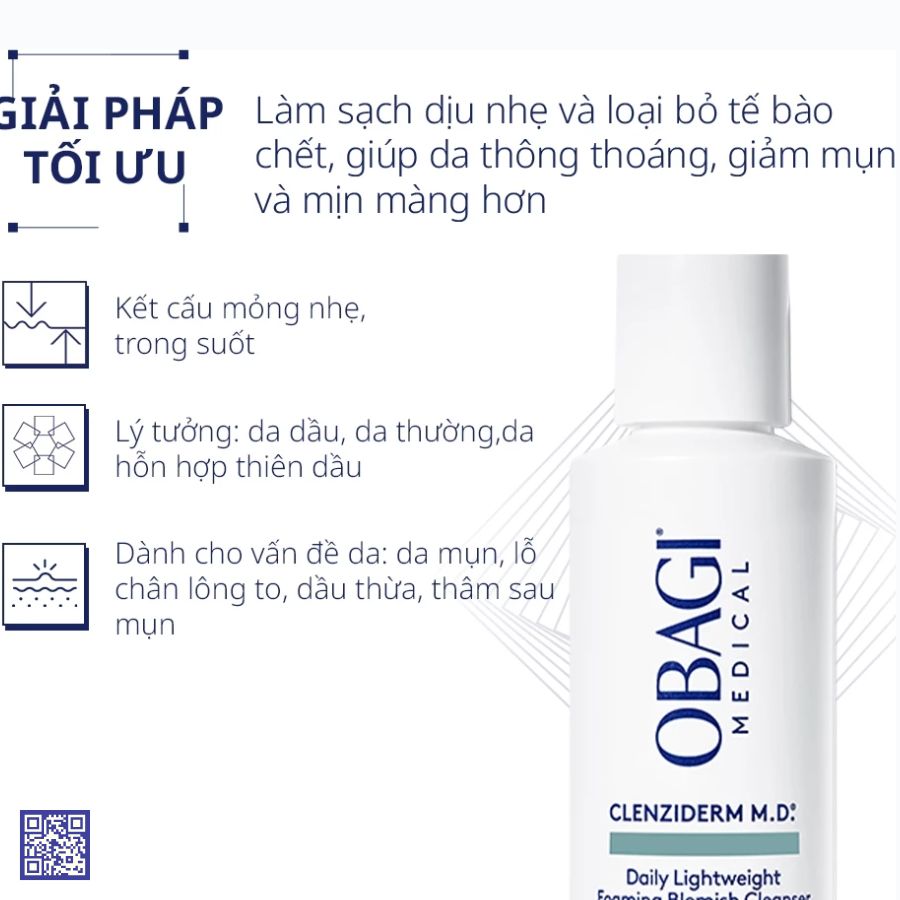 Obagi Clenziderm M.D. Foaming Blemish Cleanser – Làm sạch dầu thừa và hỗ trợ thông thoáng lỗ chân lông